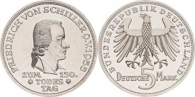 Gedenkmünzen
 5 DM 1955 F Schiller Jaeger 389 Kl. Kratzer, Polierte Platte