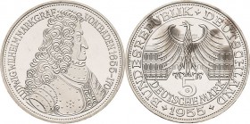 Gedenkmünzen
 5 DM 1955 G Markgraf von Baden Jaeger 390 Kl. Kratzer, Revers kl. Flecke, Polierte Platte