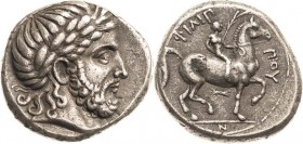 Makedonien Könige von Makedonien
Philippos II. 359-336 v. Chr AR-Tetradrachme 342/336 v. Chr., Pella Kopf des Zeus nach rechts / Ephebe mit Palmwedel...