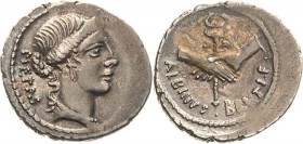 Römische Republik
Albinus Bruti 49-48 v. Chr Denar 48 v. Chr. Rom Kopf der Pietas nach rechts / zwei verschlungene Hände halten Merkurstab, ALBINVS ....