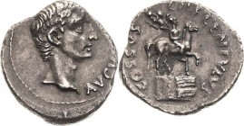 Kaiserzeit
Augustus 27-14 v. Chr Denar 12 v. Chr., Rom Kopf nach rechts, AVGVSTVS / Agrippa reitet auf Podest nach rechts, COSSVS CN F LENTVLVS RIC 4...