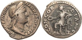 Kaiserzeit
Sabina 119-137 Denar nach 136, Rom Kopf nach rechts, SABINA AVGVSTA HADRIANI AVG PP / Concordia sitzt mit Patera nach links, CONCORDIA AVG...