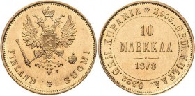 Finnland
Alexander II. 1855-1881 10 Markkaa 1878, S-Helsinki Bitkin 614 (R) Schlumberger 2 Friedberg 4 GOLD. 3.21 g. Fast vorzüglich