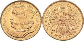 Polen
Zweite Republik 1918-1939 10 Zlotych 1925. 900 Jahre Königreich Schlumberger 38 Friedberg 116 GOLD. 3.22 g. Vorzüglich-Stempelglanz
