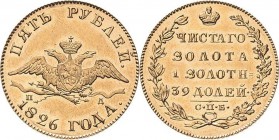 Russland
Nikolaus I. 1825-1855 5 Rubel 1826, SPB/PD-St. Petersburg Bitkin 1 (R) Friedberg 154 Schlumberger 25 GOLD. 6.49 g. Selten. Kl. Kratzer, sehr...