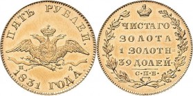 Russland
Nikolaus I. 1825-1855 5 Rubel 1831, SPB/PD-St. Petersburg Bitkin 6 Schlumberger 30 Friedberg 154 GOLD. 6.53 g. Kl. Kratzer, vorzüglich