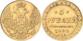Russland
Nikolaus I. 1825-1855 5 Rubel 1834, SPB/PD-St. Petersburg Bitkin 9 Schlumberger 34.1 Friedberg 155 GOLD. 6.45 g. Avers kl. Kratzer, sehr sch...