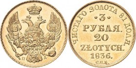 Russland
Nikolaus I. 1825-1855 3 Rubel (20 Zlotych) 1836, PD/SPB-St. Petersburg Prägung für Polen Bitkin 1077 (R) Friedberg 111 Schlumberger 22 Kopic...