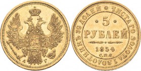 Russland
Nikolaus I. 1825-1855 5 Rubel 1854, SPB/AG-St. Petersburg Bitkin 37 Schlumberger 54 Friedberg 155 GOLD. 6.53 g. Kl. Kratzer, fast vorzüglich...