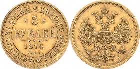 Russland
Alexander II. 1855-1881 5 Rubel 1870, SPB/NI-St. Petersburg Bitkin 18 Friedberg 163 Schlumberger 129 GOLD. 6.56 g. Fast vorzüglich