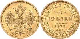 Russland
Alexander II. 1855-1881 5 Rubel 1873, SPB/NI-St. Petersburg Bitkin 21 Friedberg 163 Schlumberger 132 GOLD. 6.56 g. Kl. Kratzer, vorzüglich-S...