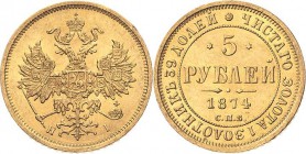 Russland
Alexander II. 1855-1881 5 Rubel 1874, SPB/NI-St. Petersburg Bitkin 22 Friedberg 163 Schlumberger 133 GOLD. 6.54 g. Kl. Randfehler, vorzüglic...