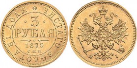 Russland
Alexander II. 1855-1881 3 Rubel 1875, SPB/NI-St. Petersburg Bitkin 37 (R) Friedberg 164 Schlumberger 148 GOLD. 3.92 g. Seltenes und attrakti...