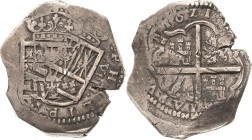 Spanien
Philipp III. 1598-1621 8 Reales 1621, Sevilla? Geprägt aus dem Silber Südamerikas Cayon 4678 KM 37.3 Leichter Doppelschlag, sehr schön