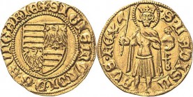Ungarn
Sigismund 1387-1437 Goldgulden o.J. (1431/1437), KR-Kremnitz Viergeteiltes ungarisches Wappen, SIGISMVNDI D G R VNGARIE / von vorn stehender h...