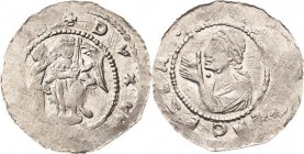 Böhmen
Wladislaus I. 1110-1113 Denar, Prag Von vorn thronender Herzog hält Fahne, links eine männliche Person, DVX WLACISLAVS / Brustbild des hl. Wen...
