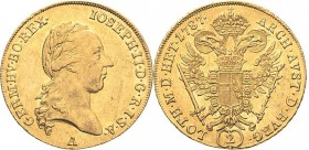 Habsburg
Josef II. 1764-1790 Doppeldukat 1787, A-Wien Jaeger 23 Friedberg 437 GOLD. 6.98 g. Min. justiert am Rand, vorzüglich