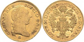 Habsburg
Josef II. 1764-1790 Dukat 1787, B-Kremnitz Huszar 1866 Jaeger 21 Herinek 34 Friedberg 198 GOLD. 3.47 g. Sehr schön-vorzüglich