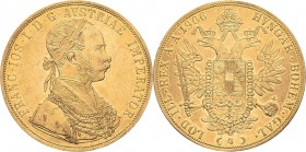 Kaiserreich Österreich
Franz Joseph I. 1848-1916 4 Dukaten 1906, A-Wien Jaeger 345 Friedberg 486 Schlumberger 525 GOLD. 13.92 g. Kl. Kratzer, sehr sc...