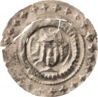 Mainz, Erzbistum
Werner von Eppstein 1259-1284 Brakteat, Amöneburg Büste des Erzbischofs mit Mitra bicornis von vorn in drei Perlkreisen, außen 23 Kr...