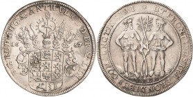 Braunschweig-Wolfenbüttel
Rudolf August und Anton Ulrich 1685-1704 Taler 1687, RB-Zellerfeld UT FRONTIBUS ITA FRONDIBUS CONIUNCTISSIMI (= Wie mit den...