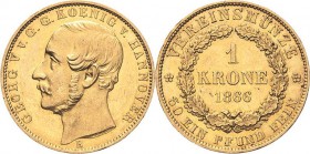 Braunschweig-Calenberg-Hannover
Georg V. 1851-1866 Krone 1866, B-Hannover AKS 140 Jaeger 135 D.-S. 117 Schlumberger 437 Friedberg 1183 GOLD. 11.11 g....