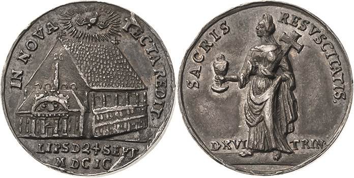 Leipzig
 Silbermedaille 1699 (Kaufmann) Erneuerung der Neuen Kirche. Kirchenans...
