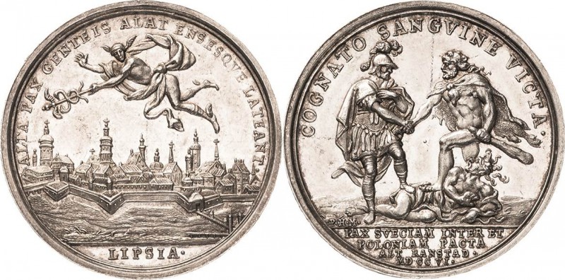 Leipzig
 Silbermedaille 1706 (P.H. Müller) Frieden von Altranstädt. Merkur schw...