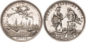 Leipzig
 Silbermedaille 1706 (P.H. Müller) Frieden von Altranstädt. Merkur schwebt über der Stadtansicht von Leipzig / Mars und Herkules treten Krieg...