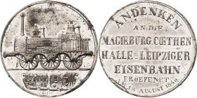 Leipzig
 Zinnmedaille 1840 Eröffnung der Eisenbahnstrecke Magdeburg-Köthen-Halle-Leipzig. Lokomotive, darunter 4 Städtewappen / 9 Zeilen Schrift. 25,...