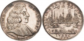 Lübeck-Stadt
 Silbermedaille 1694. Auf den Bürgermeister Matthäus Rodde. Brustbild des Bürgermeisters nach rechts / Stadtansicht mit dem Wahlspruch L...