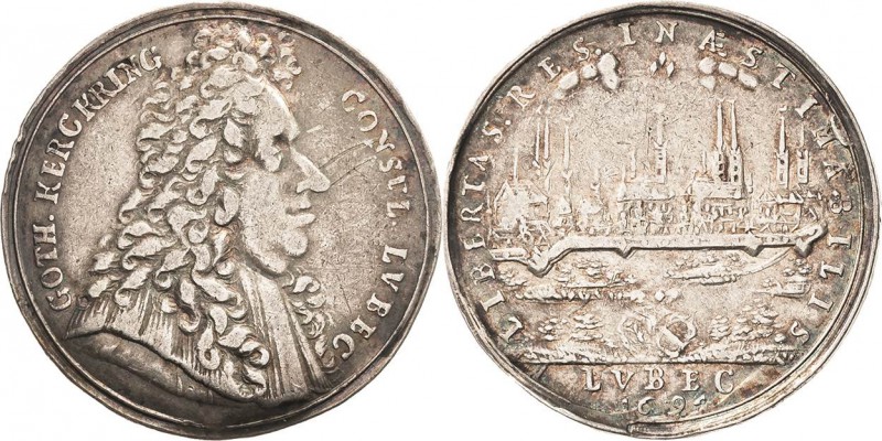 Lübeck-Stadt
 Silbermedaille 1694 (unsigniert) Auf den Bürgermeister Gotthard K...