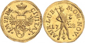 Lübeck-Stadt
 1/4 Dukat 1728. Mit dem Abzeichen des Bürgermeisters Adolph Matthäus Rodde Behrens 586 Friedberg 1487 GOLD. 0.86 g. Vorzüglich-Stempelg...