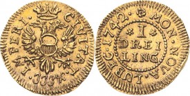 Lübeck-Stadt
 Goldabschlag eines Dreilings 1742, JJJ-Johan Justus Jaster Behrens 539 b Jaeger 1 b Anm GOLD. 0.89 g. Seltenes und attraktives Exemplar...