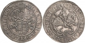 Mansfeld-eigentliche hinterortische Linie
Volrat V., Johann I. und Karl I. 1560-1566 Taler 1563, Kreuzhammer mit Zainhaken/Weinblatt-Eisleben Tornau ...