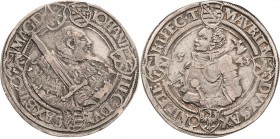 Sachsen-Kurlinie ab 1486 bis 1547 (Ernestiner)
Johann Friedrich und Moritz 1541-1547 Guldengroschen 1543, T-Buchholz Avers 5 Schilde in der Umschrift...