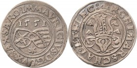 Sachsen-Kurlinie ab 1547 (Albertiner)
Moritz 1547-1553 1/4 Taler 1551, Stern-Freiberg Variante mit nur zwei Fähnchen auf jeder Seite der Büffelhörner...