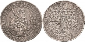 Sachsen-Kurlinie ab 1547 (Albertiner)
Johann Georg I. (1611-) 1615-1656 Doppeltaler 1617, Schwan-Dresden Linker Arm weist aufwärts zum Helm, Brustbil...
