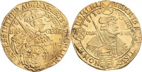 Sachsen-Kurlinie ab 1547 (Albertiner)
Johann Georg I. (1611-) 1615-1656 3 Dukaten 1630, gekreuzte Zainhaken-Dresden Jahrhundertfeier der Augsburger K...