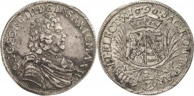 Sachsen-Kurlinie ab 1547 (Albertiner)
Johann Georg III. 1680-1691 2/3 Taler 1690, IK-Dresden In der Avers-Umschrift Dx und die Titel von Angern und W...