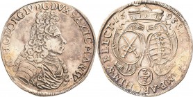 Sachsen-Kurlinie ab 1547 (Albertiner)
Johann Georg IV. 1691-1694 2/3 Taler 1693, o. Mzz.-Leipzig Variante mit schmaler Perücke und ovalem Wappen C/K ...