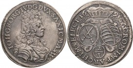 Sachsen-Kurlinie ab 1547 (Albertiner)
Johann Georg IV. 1691-1694 2/3 Taler 1693, o. Mzz.-Leipzig Variante mit breiter Perücke und runden Wappen C/K 6...