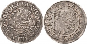 Sachsen-Ernestiner-Gesamthaus 1547-1573
Johann Wilhelm 1567-1573 Engelsgroschen (Schreckenberger) 1568, Weinblatt-Saalfeld Koppe 151 g Sehr schön
