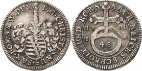 Sachsen-Eisenberg
Christian 1680-1707 1/48 Taler 1701, IA-Eisenberg Gräßler/Walde 46 Slg. Merseburger 3529 (R) Selten. Leichte Belagreste, sehr schön...