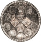 Allgemein Silberschale
Jugendstil um 1900. Mit 14 eingelegten repräsentativen Münzen und Medaillen. Dazwischen fein ziselierte Arabesken. Sachsen-Kla...