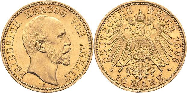 Anhalt
Friedrich I. 1871-1904 10 Mark 1896 A Jaeger 180 Kl. Randfehler, vorzügl...