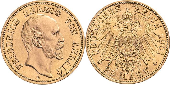 Anhalt
Friedrich I. 1871-1904 20 Mark 1901 A Jaeger 181 Selten. Avers leicht be...