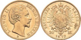 Bayern
Ludwig II. 1864-1886 20 Mark 1872 D Jaeger 194 Kl. Kratzer, sehr schön-vorzüglich