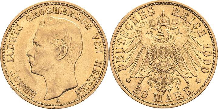 Hessen
Ernst Ludwig 1892-1918 20 Mark 1899 A Jaeger 225 Kl. Randfehler, sehr sc...