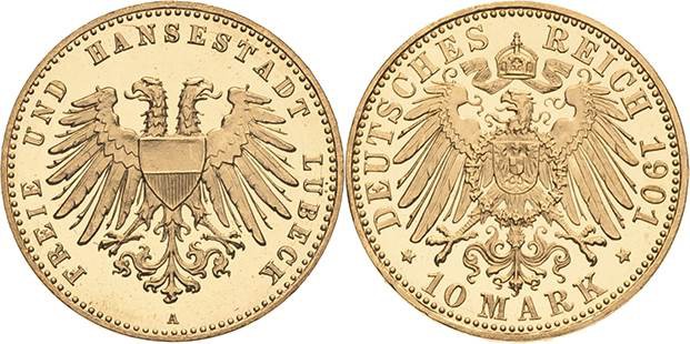 Lübeck
 10 Mark 1901 A Jaeger 227 Prachtvolles Exemplar. Selten in dieser Erhal...